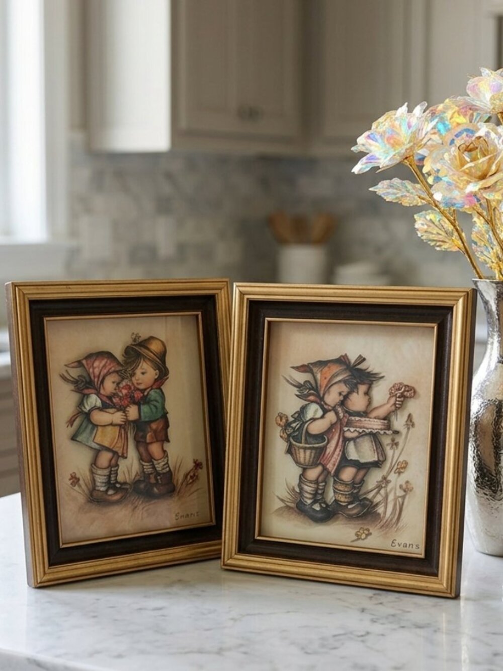 Vintage 1970s Evans Paper Tole 3D Shadow Box Wall Art Set of 2  Hummel Style